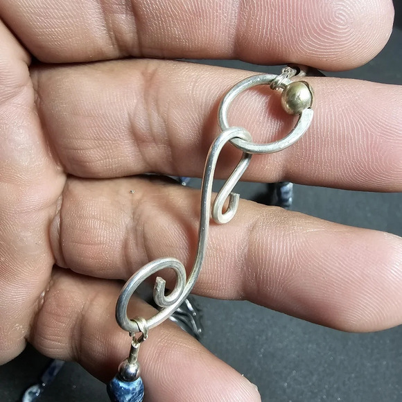 Blue Jasper Beaded Necklace With Silver Tone Greek Key Motif Center Bead 30 In o - Picture 6 of 8